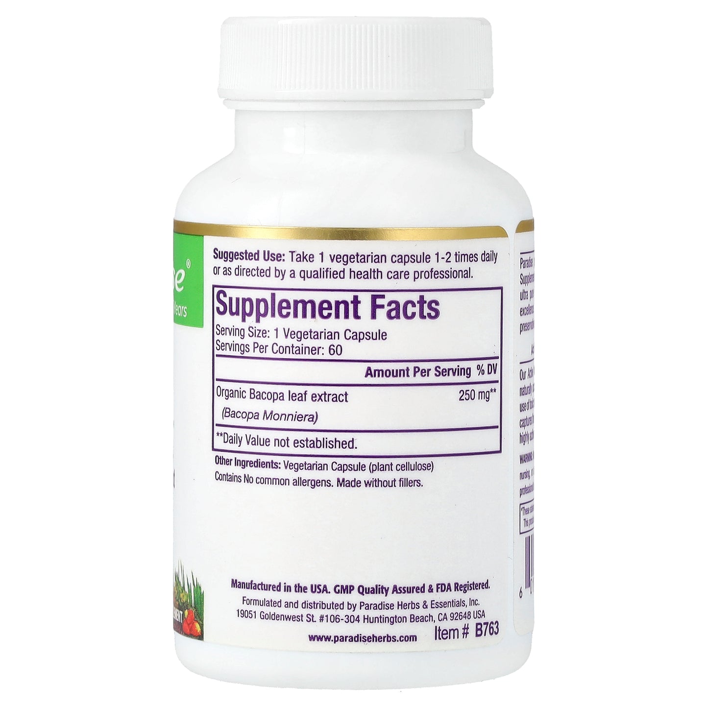 Paradise Herbs, Bacopa, 60 Vegetarian Capsules (250 mg per Capsule)