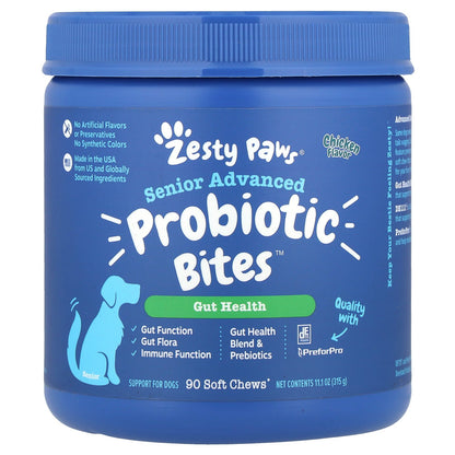 Zesty Paws, Senior Advanced Probiotic Bites™, For Dogs, Senior, Chicken, 90 Soft Chews, 11.1 oz (315 g)