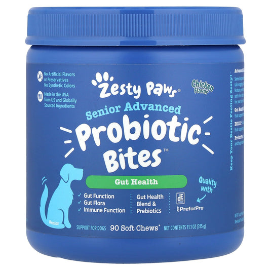 Zesty Paws, Senior Advanced Probiotic Bites™, For Dogs, Senior, Chicken, 90 Soft Chews, 11.1 oz (315 g)