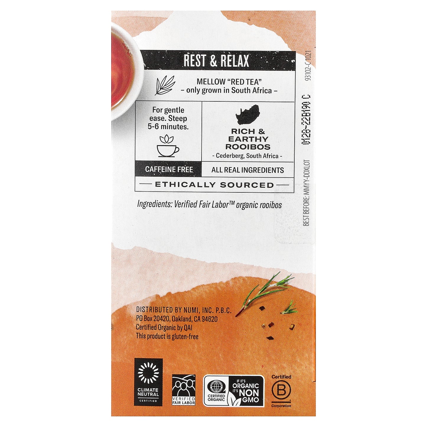 Numi Tea, Organic Herbal Teasan, Rooibos, Caffeine Free, 18 Non-GMO Tea Bags, 1.52 oz (43.2 g)