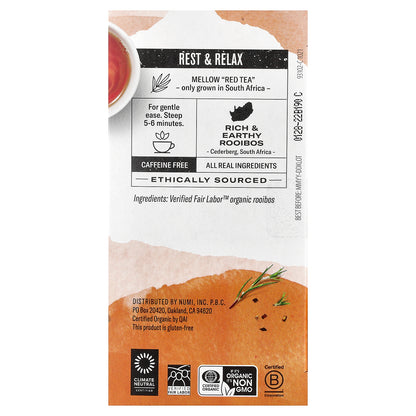 Numi Tea, Organic Herbal Teasan, Rooibos, Caffeine Free, 18 Non-GMO Tea Bags, 1.52 oz (43.2 g)