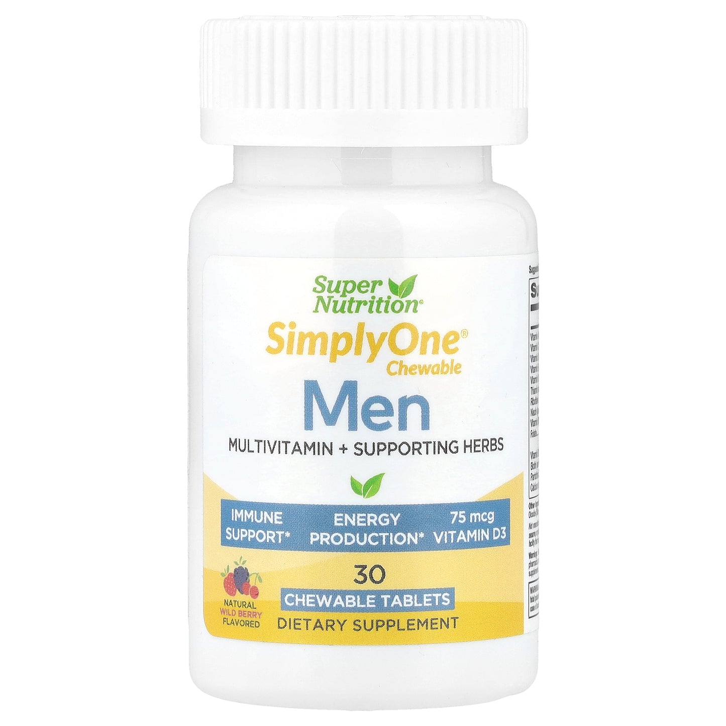 Super Nutrition, SimplyOne®, Men’s Multivitamin + Supporting Herbs with Vitamin A, Vitamin C, Organic Whole Food and Botanical Blend, Wild-Berry, 30 Chewable Tablets