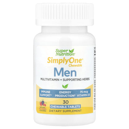 Super Nutrition, SimplyOne®, Men’s Multivitamin + Supporting Herbs with Vitamin A, Vitamin C, Organic Whole Food and Botanical Blend, Wild-Berry, 30 Chewable Tablets