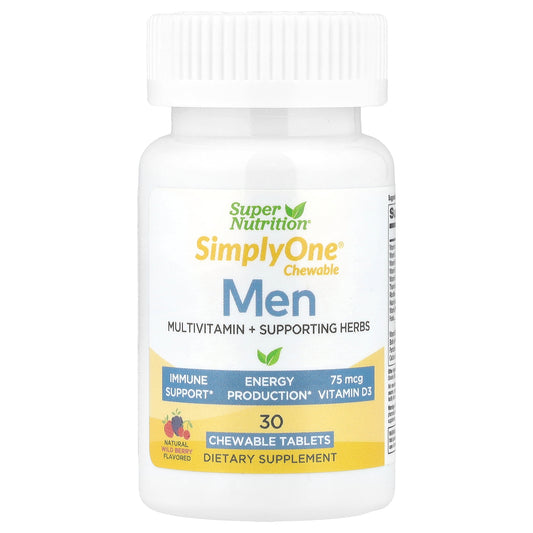 Super Nutrition, SimplyOne®, Men’s Multivitamin + Supporting Herbs with Vitamin A, Vitamin C, Organic Whole Food and Botanical Blend, Wild-Berry, 30 Chewable Tablets
