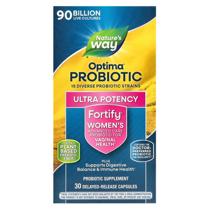 Nature's Way, Fortify Optima, Women's Probiotic + Prebiotics, Advanced Care, 90 Billion, 30 Delayed-Release Capsules