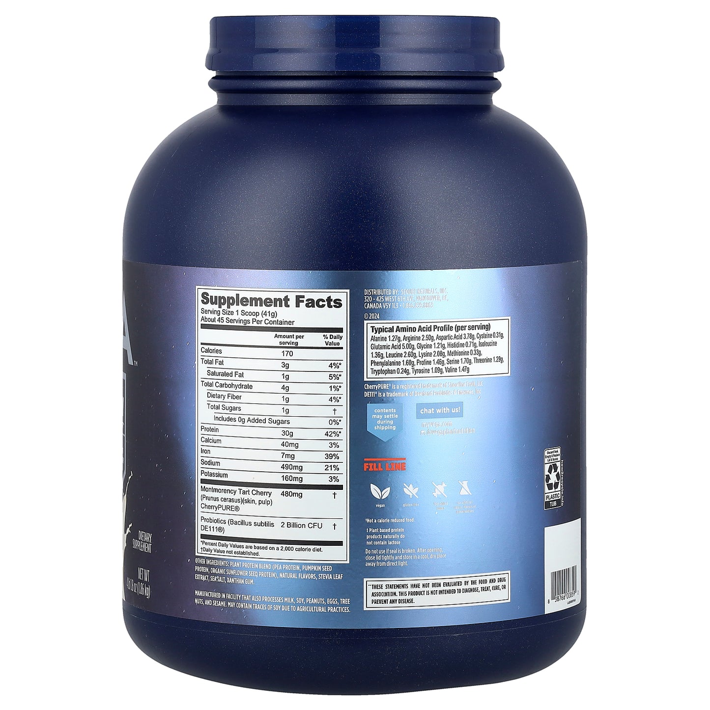 Vega, Plant-Based Protein, Performance Protein + Recovery, Creamy Vanilla, 4 lb 1.8 oz (1.86 kg)