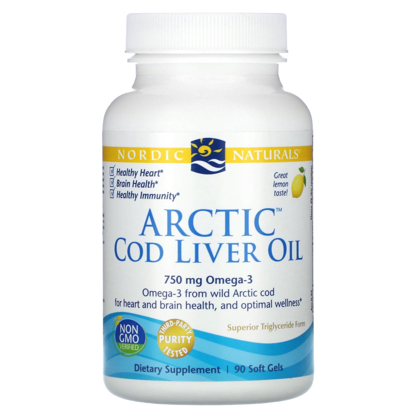 Nordic Naturals, Arctic Cod Liver Oil, Lemon, 750 mg, 90 Soft Gels (250 mg per Soft Gel)