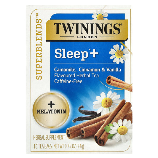 Twinings, Sleep+ with Melatonin Herbal Tea, Camomile, Cinnamon & Vanilla, Caffeine Free, 16 Tea Bags, 0.85 oz (24 g)