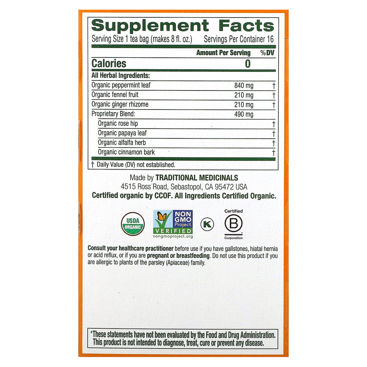 Traditional Medicinals, Organic Belly Comfort®, Peppermint, Caffeine Free, 16 Wrapped Tea Bags, 0.99 oz (28 g)