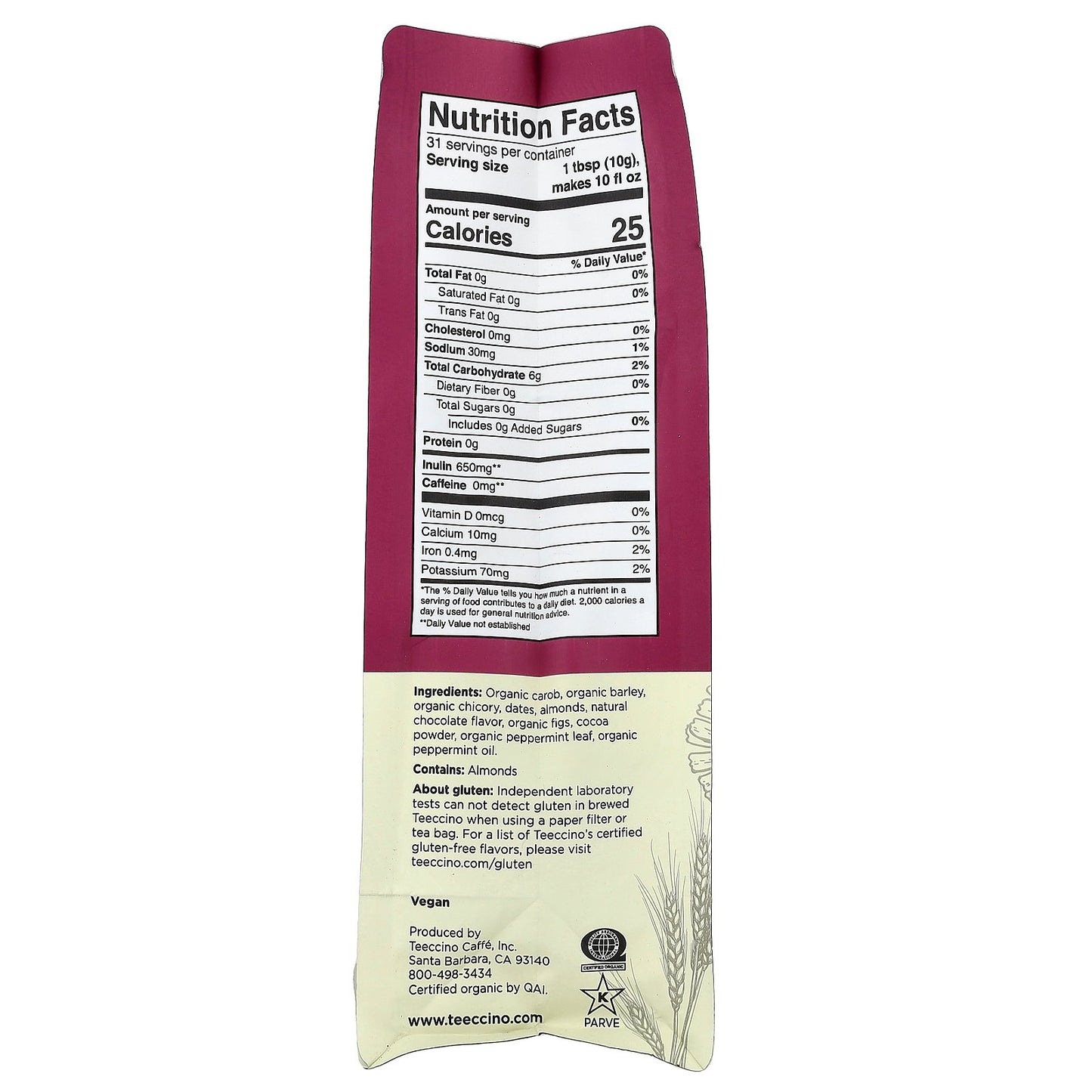 Teeccino, Organic Chicory Herbal 'Coffee', Chocolate Peppermint, Light Roast, Caffeine Free, 11 oz (312 g)