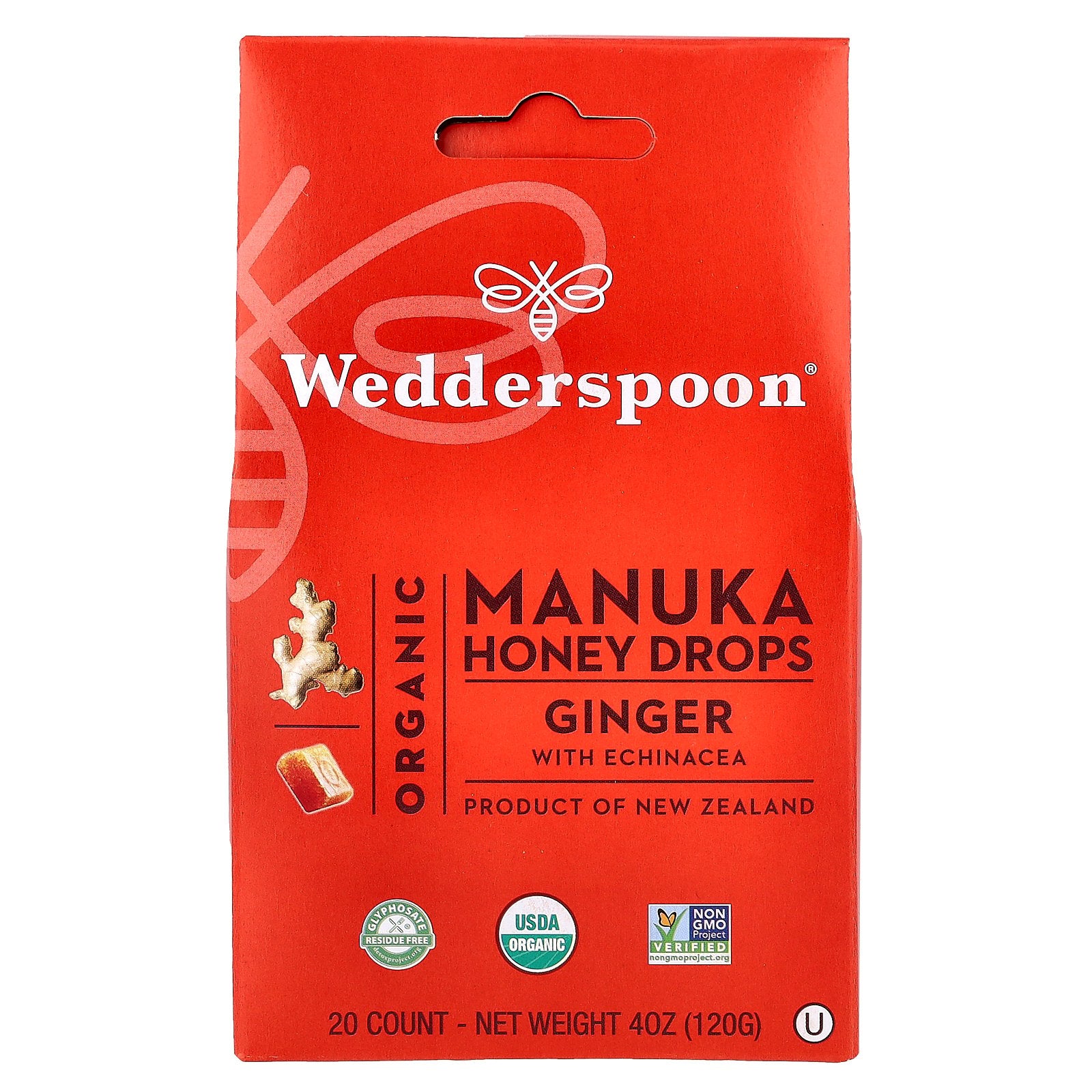 Wedderspoon, Organic Manuka Honey Drops, Ginger with Echinacea, 20 Drops, 4 oz (120 g)