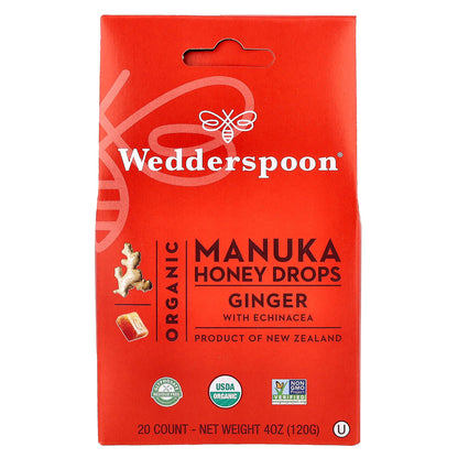 Wedderspoon, Organic Manuka Honey Drops, Ginger with Echinacea, 20 Drops, 4 oz (120 g)