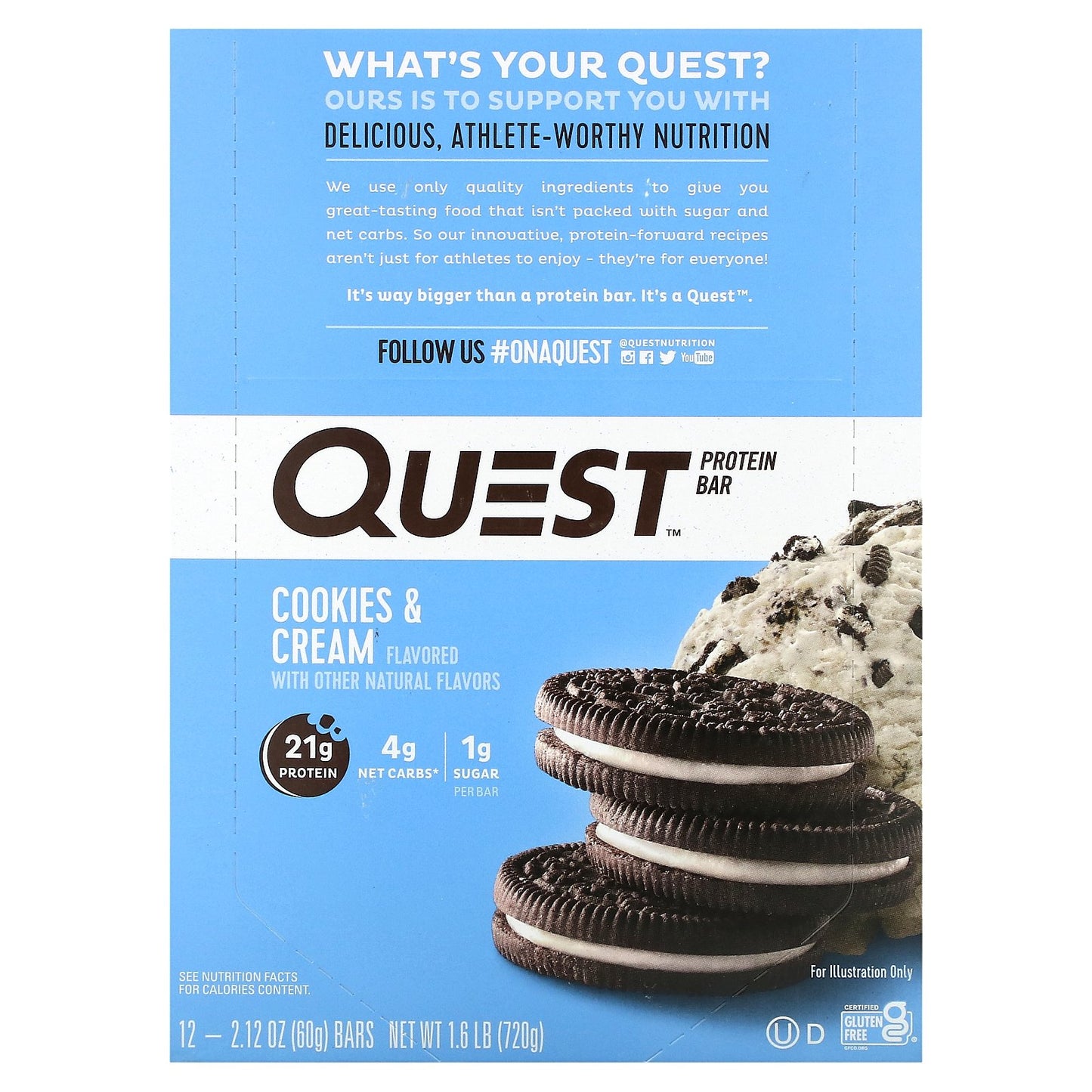 Quest Nutrition, Protein Bar, Cookies & Cream, 12 Bars, 2.12 oz (60 g) Each