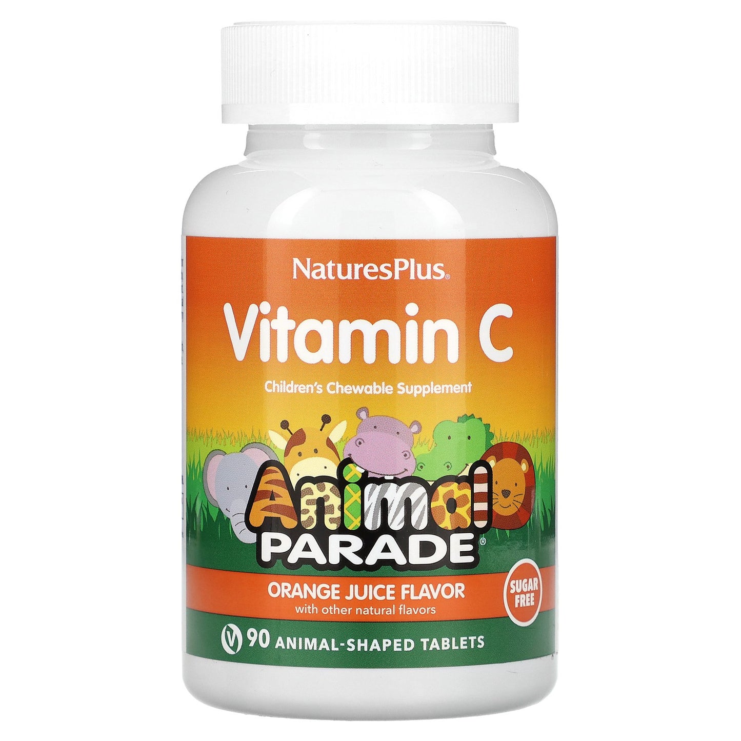 NaturesPlus, Animal Parade, Vitamin C, Children's Chewable Supplement, Sugar Free, Orange Juice, 90 Animal-Shaped Tablets