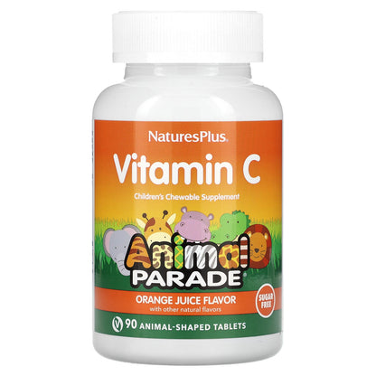 NaturesPlus, Animal Parade, Vitamin C, Children's Chewable Supplement, Sugar Free, Orange Juice, 90 Animal-Shaped Tablets