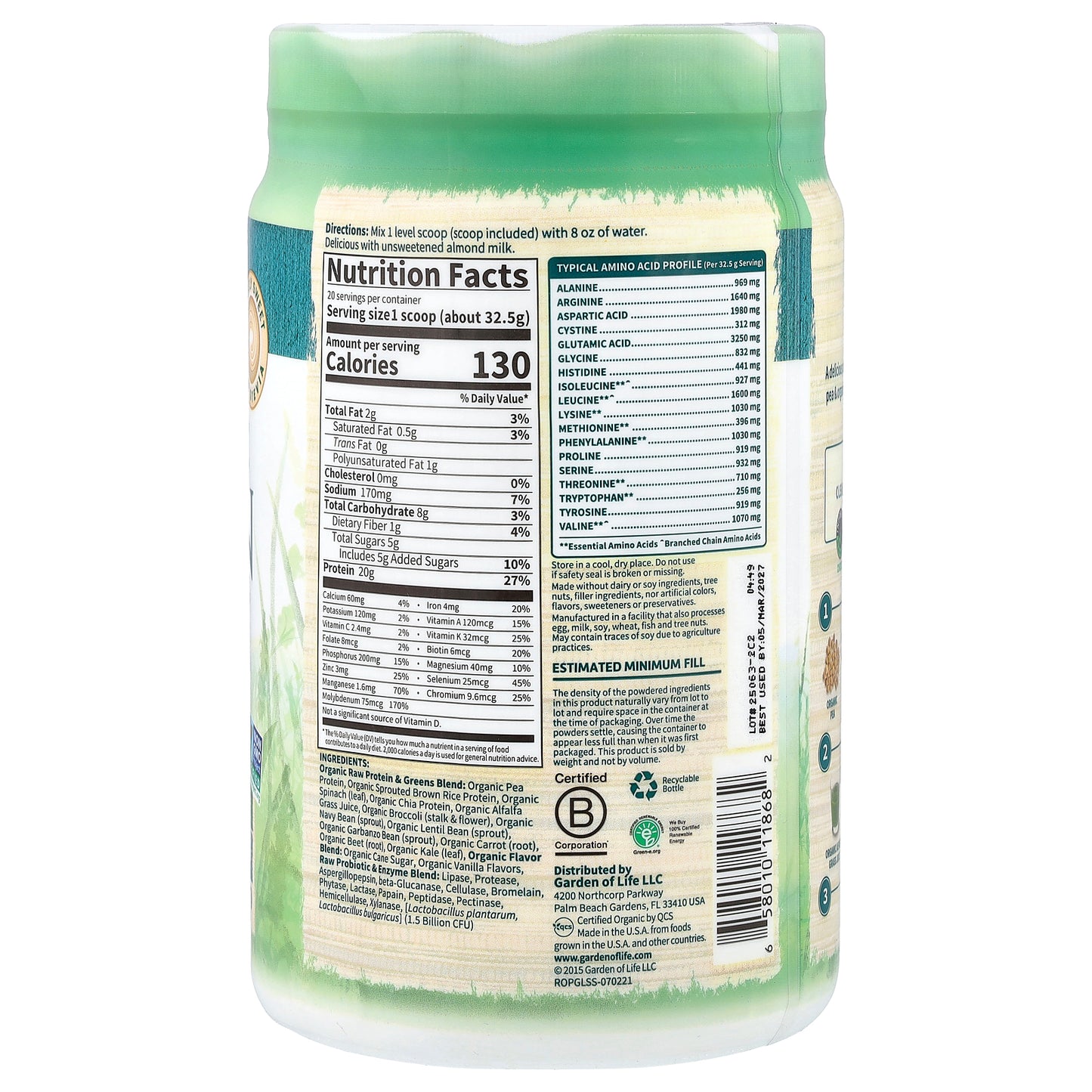 Garden of Life, Raw Organic Protein & Greens, Lightly Sweet, 1 lb 6.92 oz (650 g)