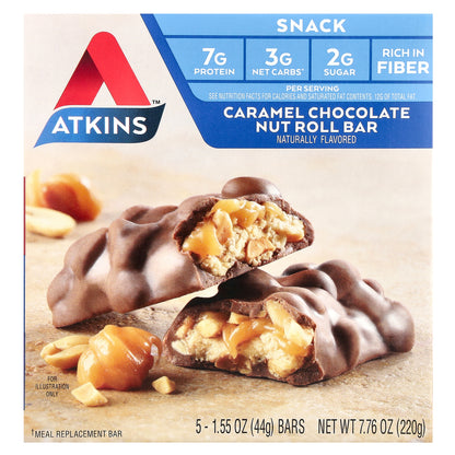 Atkins, Caramel Chocolate Nut Roll Bar, 5 Bars, 1.55 oz (44 g) Each