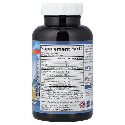 Carlson, Elite Omega-3 Plus D & K, Natural Lemon, 60 Soft Gels