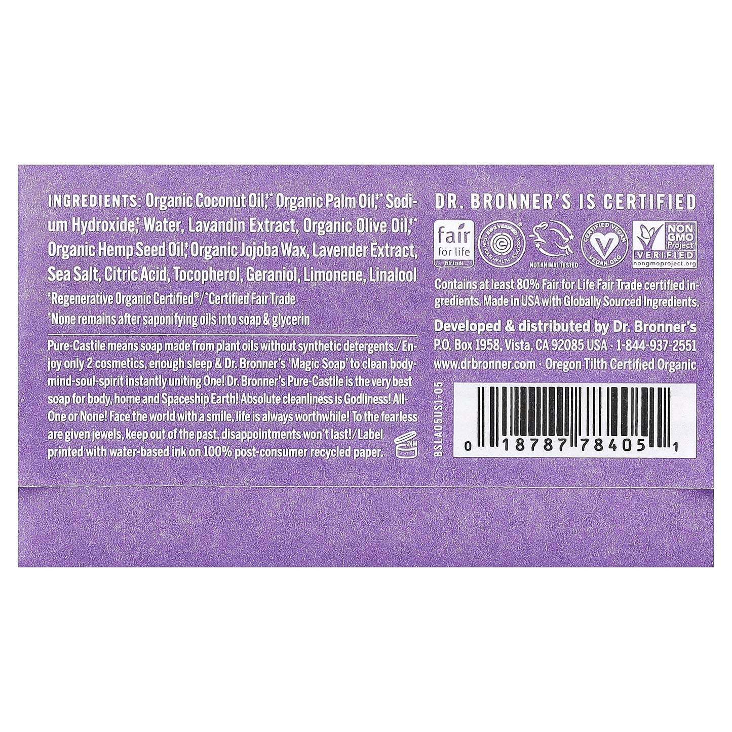 Dr. Bronner's, All-One Pure-Castile Magic Bar Soap, Lavender, 5 oz (140 g)
