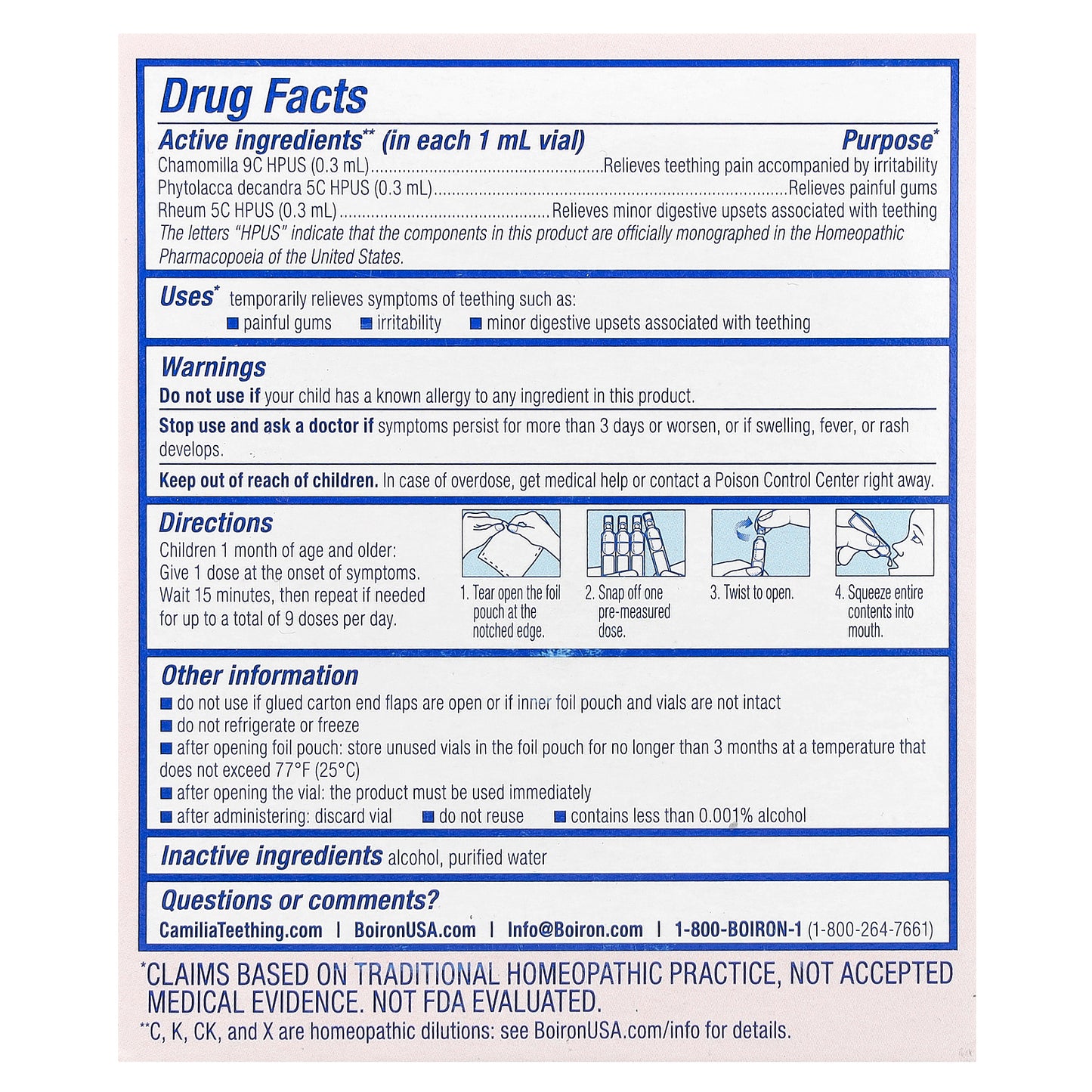 Boiron, Camilia®, Liquid Doses, Teething Relief, 1 Months +, 15 Doses, .034 fl oz (1 ml) Each