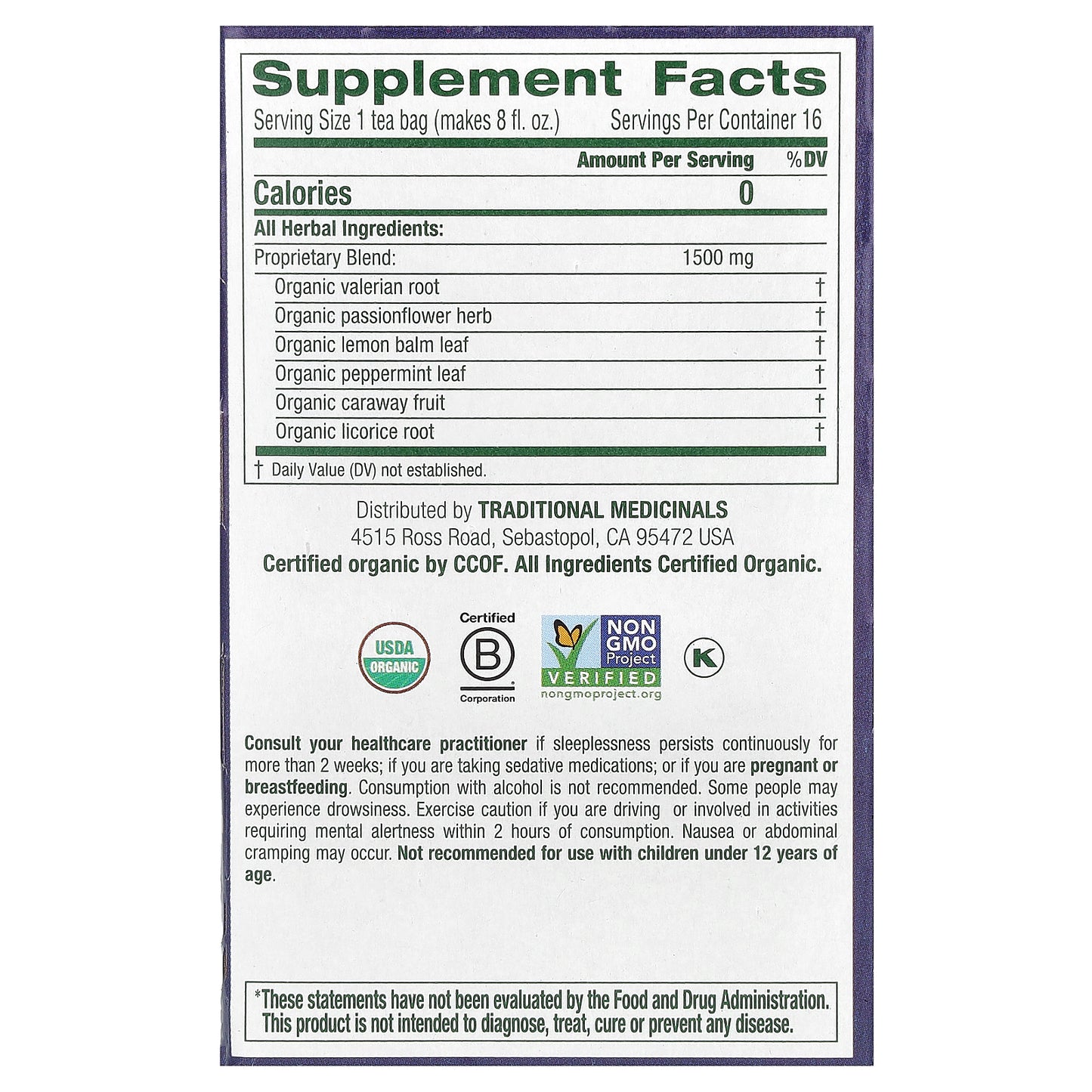 Traditional Medicinals, Organic Nighty Night Extra®, Lemon Balm & Valerian, Caffeine Free, 16 Wrapped Tea Bags, 0.85 oz (24 g)