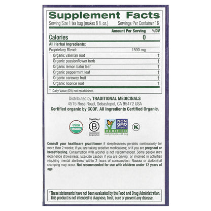 Traditional Medicinals, Organic Nighty Night Extra®, Lemon Balm & Valerian, Caffeine Free, 16 Wrapped Tea Bags, 0.85 oz (24 g)