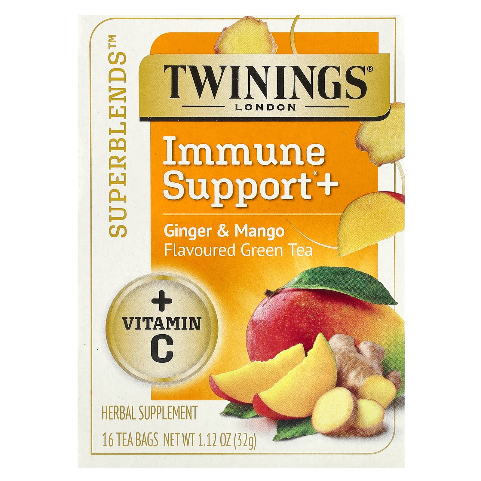 Twinings, Superblends™, Immune Support+ Green Tea, Ginger & Mango, 16 Tea Bags, 1.12 oz (32 g)