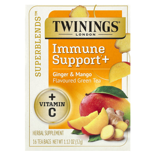 Twinings, Superblends™, Immune Support+ Green Tea, Ginger & Mango, 16 Tea Bags, 1.12 oz (32 g)