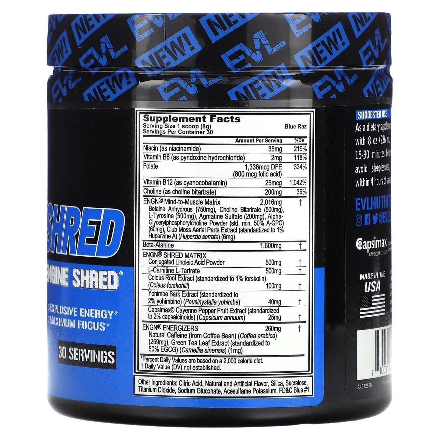 EVLution Nutrition, ENGN Shred, Pre-Workout Engine Shred, Blue Raz, 8.46 oz (240 g)