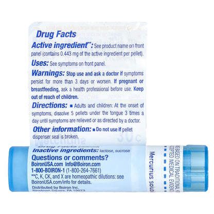 Boiron, Mercurius Solubilis, 30C, Sore Throat Relief, Approx 80 Pellets