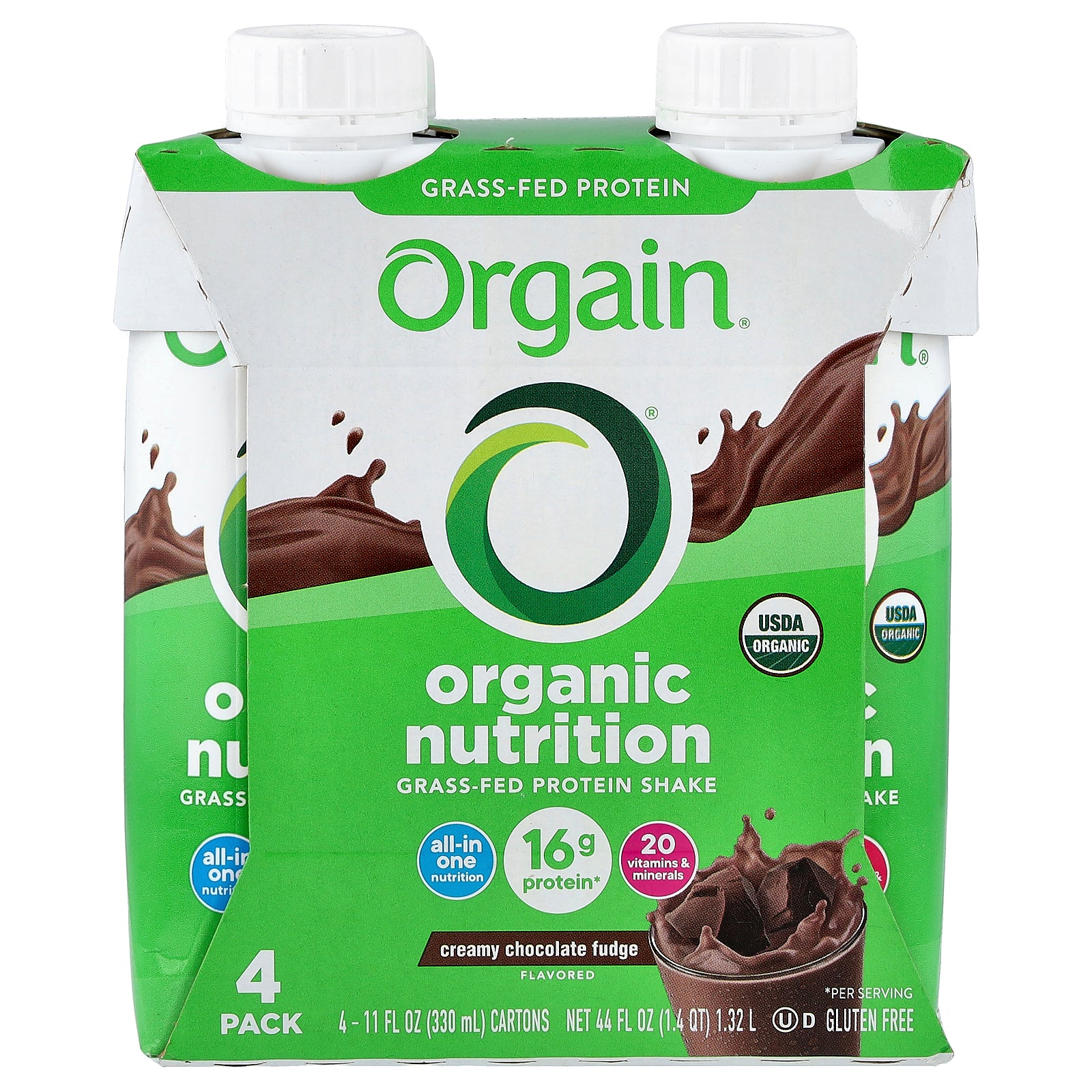 Orgain, Organic Nutrition, Grass-Fed Protein Shake, Creamy Chocolate Fudge, 4 Pack, 11 fl oz (330 ml) Each
