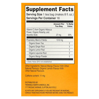 Twinings, Superblends™, Immune Support+ Green Tea, Ginger & Mango, 16 Tea Bags, 1.12 oz (32 g)