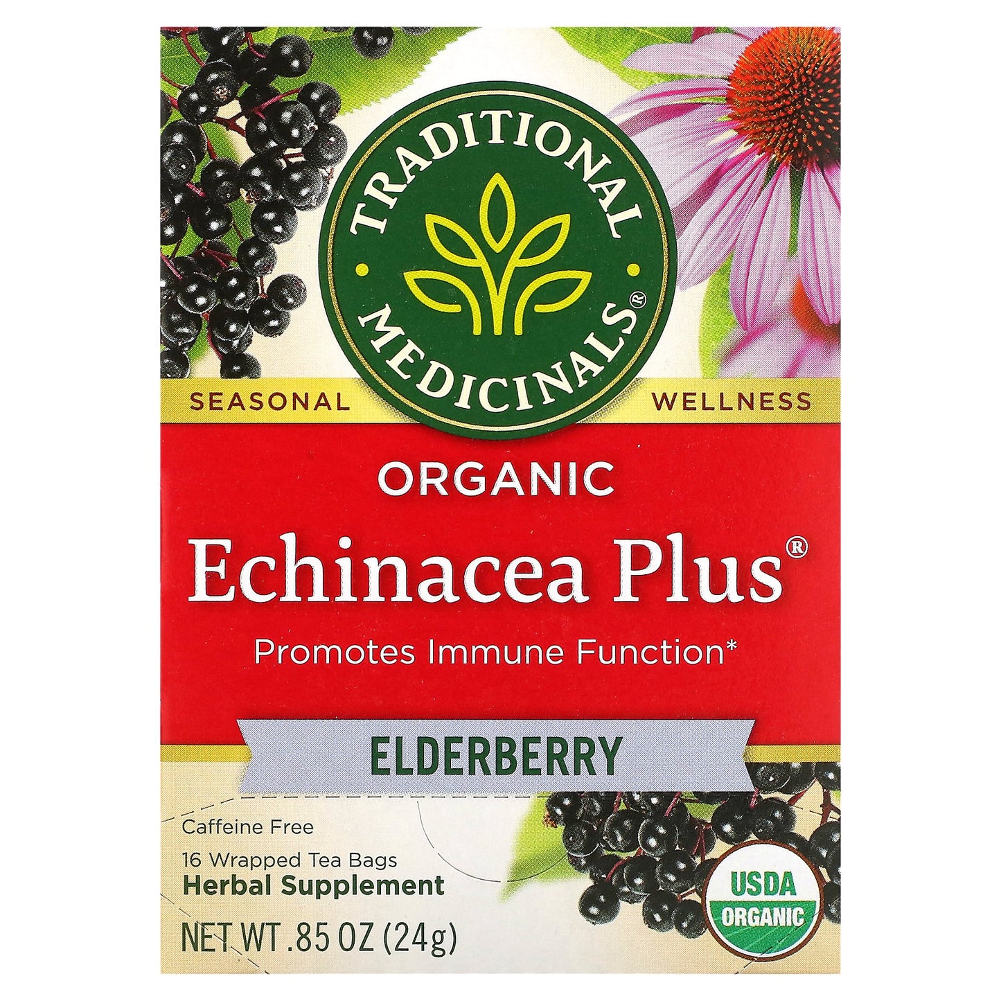 Traditional Medicinals, Organic Echinacea Plus®, Elderberry, Caffeine Free, 16 Wrapped Tea Bags, 0.85 oz (24 g)
