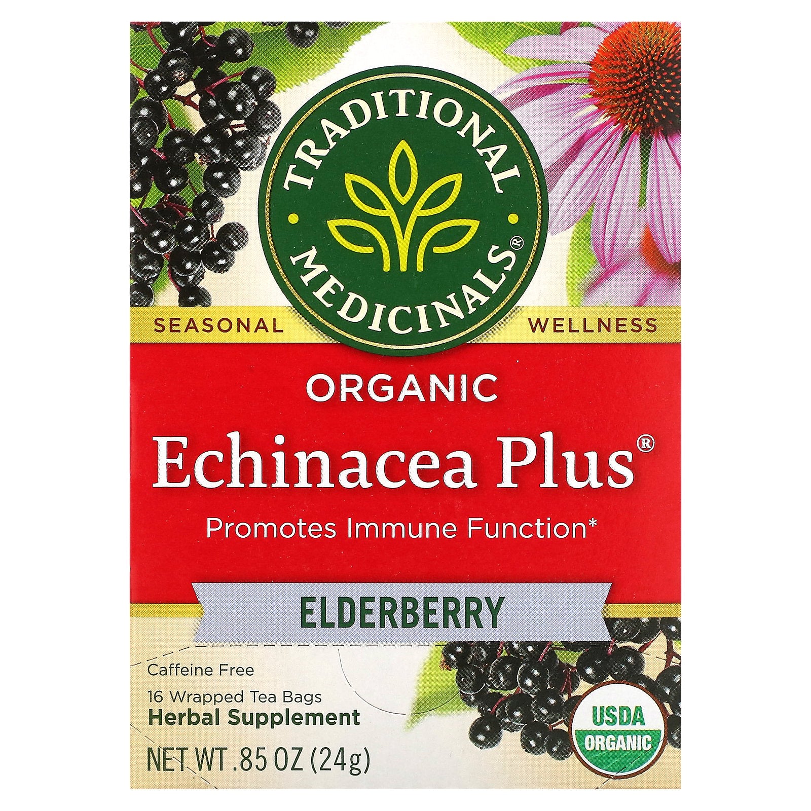 Traditional Medicinals, Organic Echinacea Plus®, Elderberry, Caffeine Free, 16 Wrapped Tea Bags, 0.85 oz (24 g)