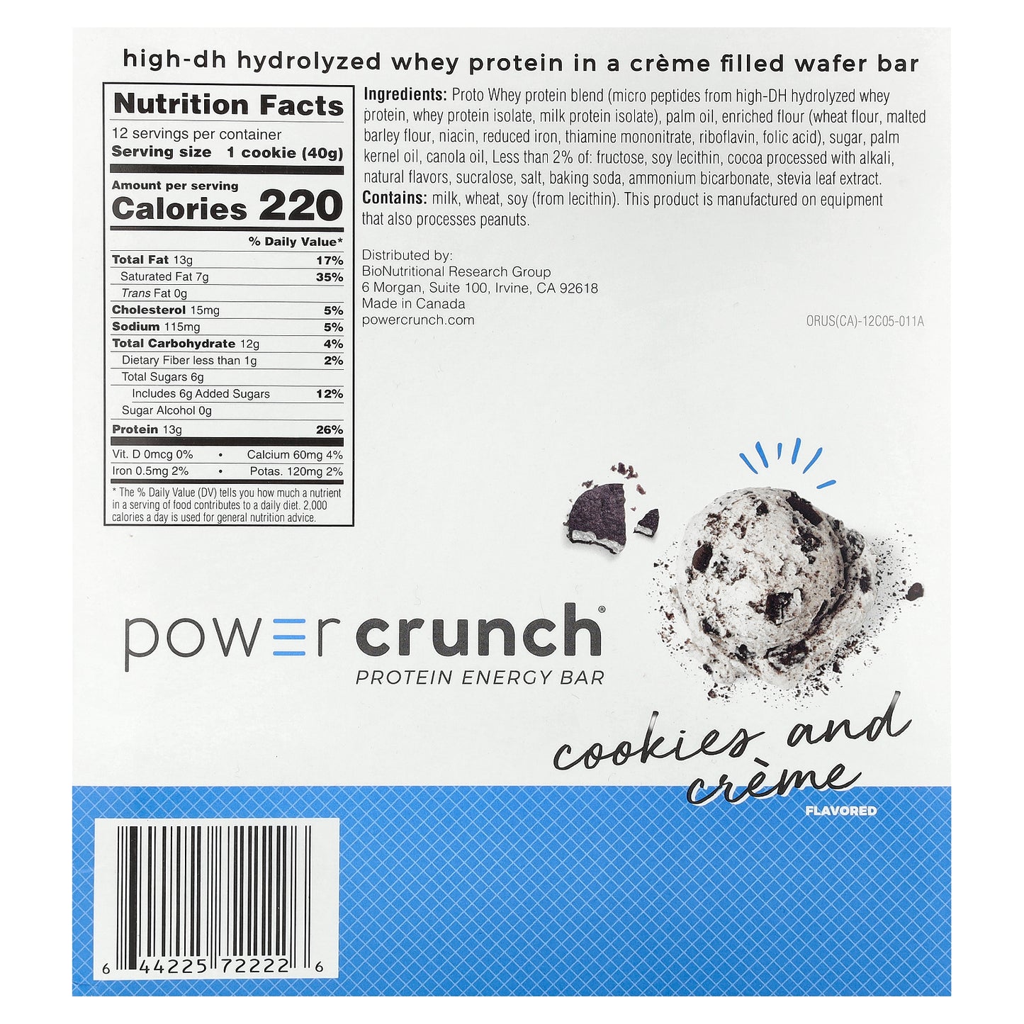 BNRG, Power Crunch®, Protein Energy Bar, Cookies and Crème, 12 Bars, 1.4 oz (40 g) Each