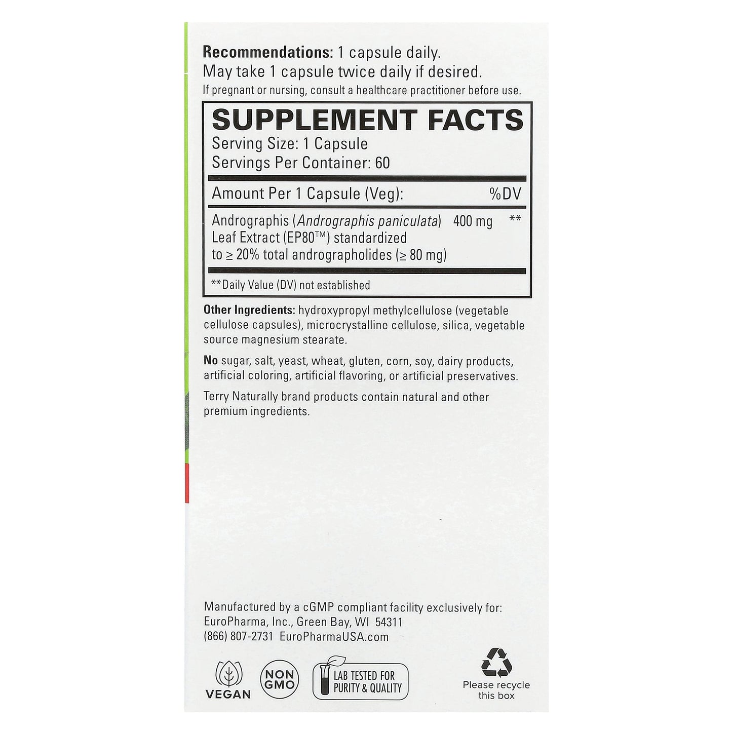 Terry Naturally, Andrographis EP80, 400 mg, 60 Capsules