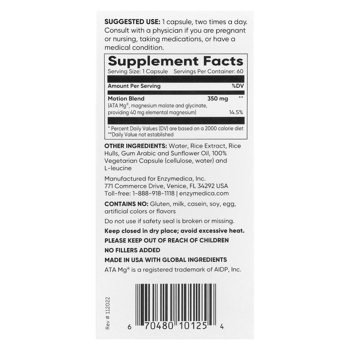 Enzymedica, Magnesium Motion, 60 Capsules