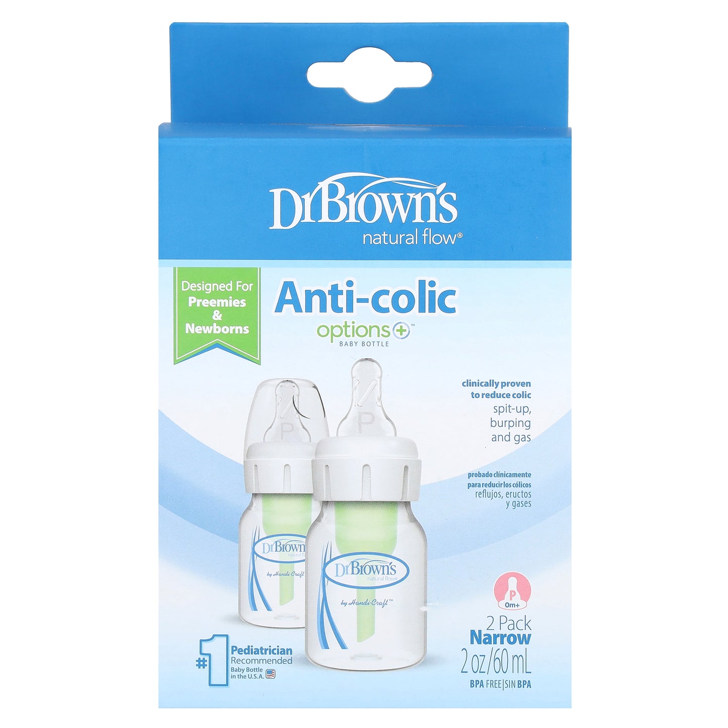 Dr. Brown's, Natural Flow®, Anti-Colic Option+™ Baby Bottle, P/0+Months, 2 Pack, 2 oz (60 ml) Each