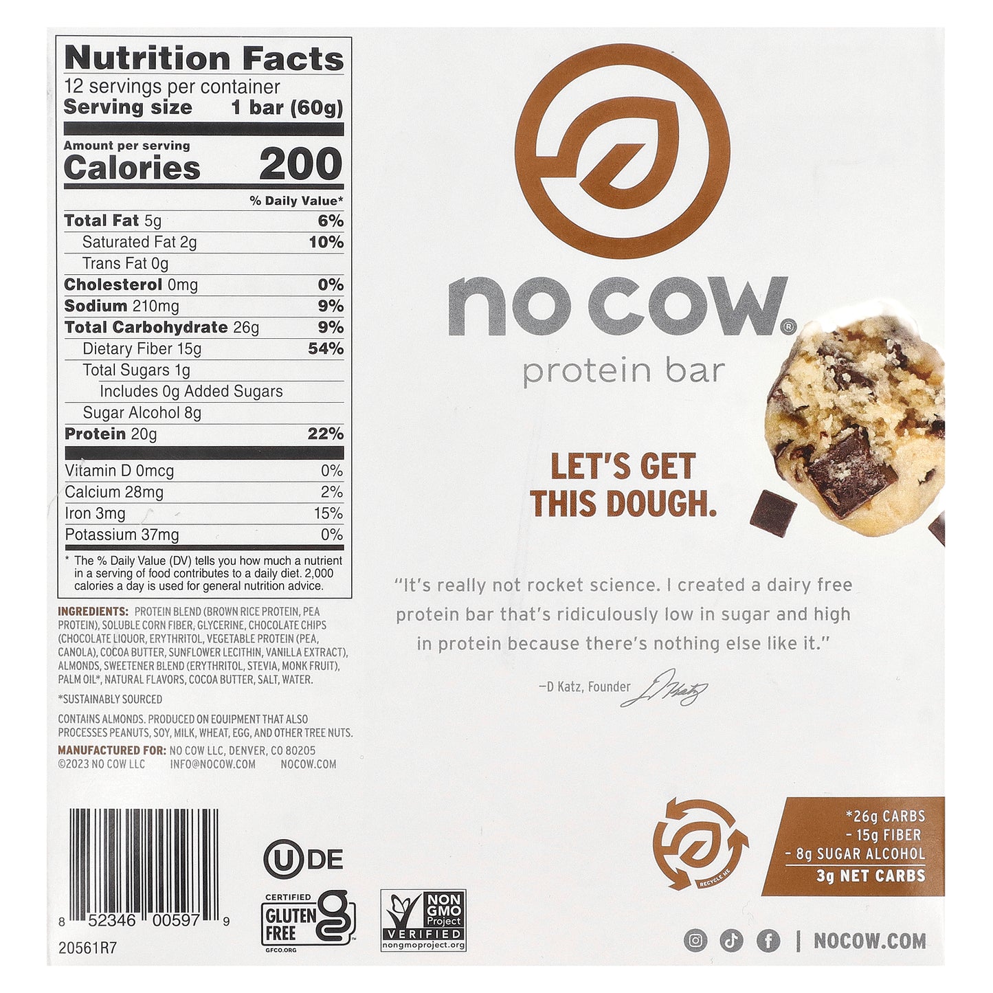 No Cow, Protein Bar,  Chocolate Chip Cookie Dough, 12 Bars, 2.12 oz (60 g) Each