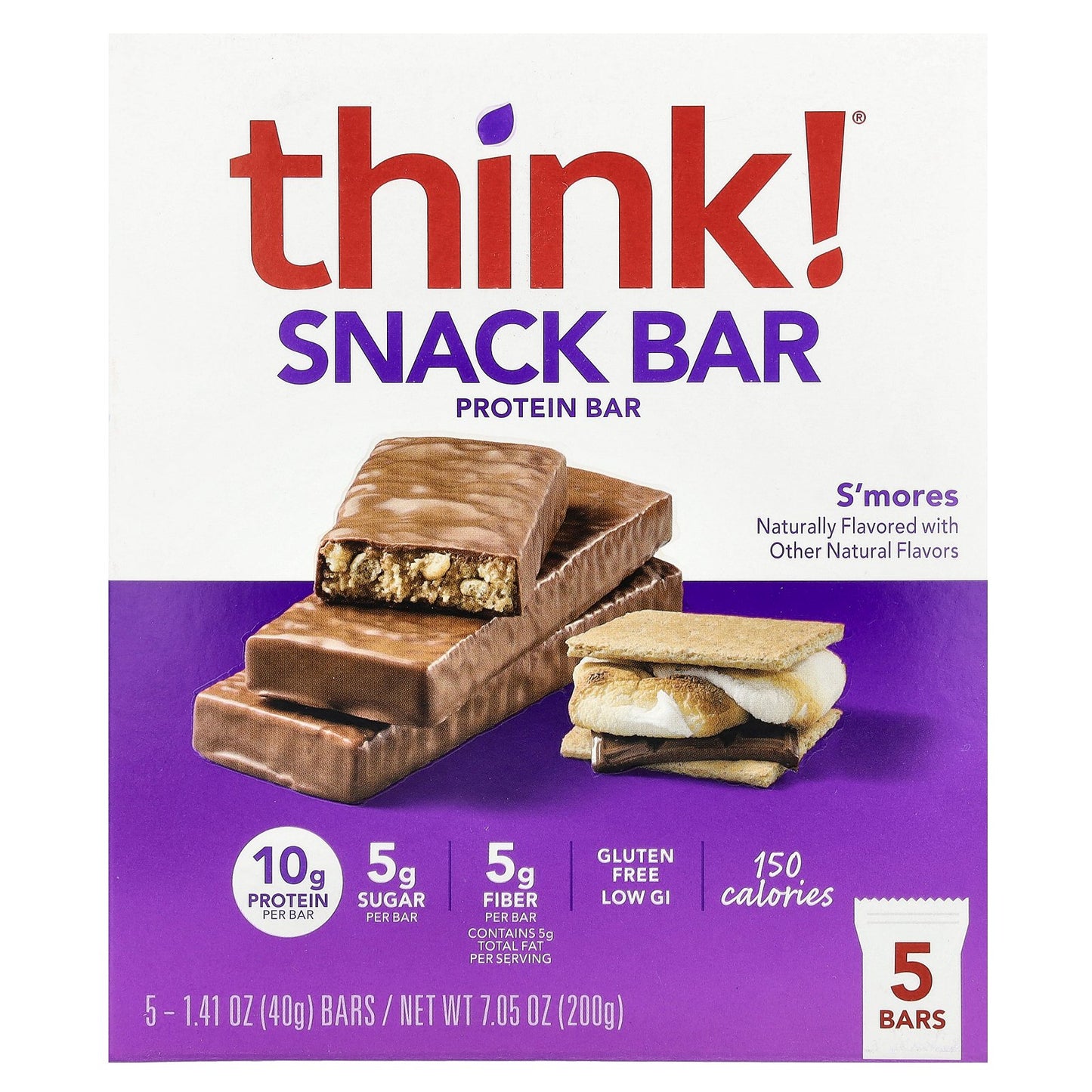 Think !, Snack Protein Bar, S'Mores, 5 Bars, 1.41 oz (40 g) Each