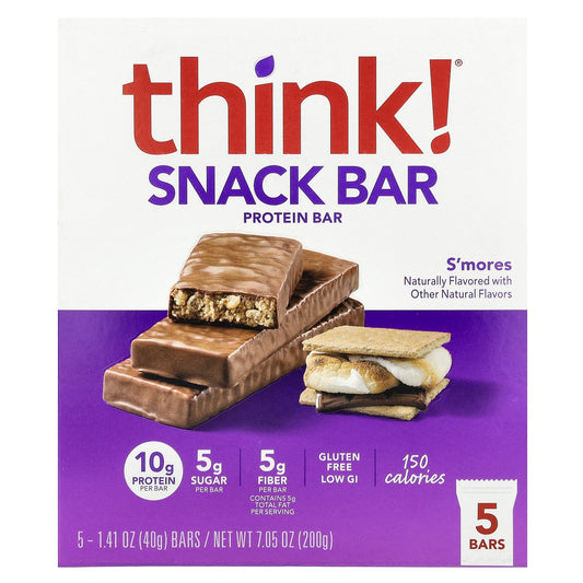Think !, Snack Protein Bar, S'Mores, 5 Bars, 1.41 oz (40 g) Each