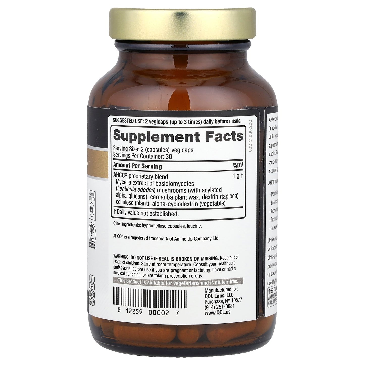 Quality of Life, Kinoko® Gold AHCC®, 500 mg, 60 Vegicaps