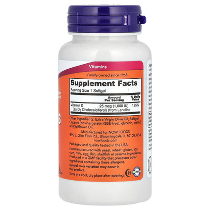 NOW Foods, Vitamin D-3, High Potency, 1,000 IU, 360 Softgels