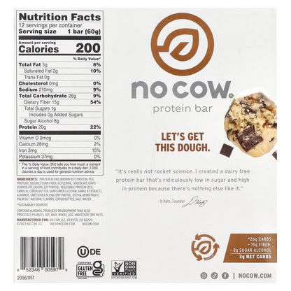 No Cow, Protein Bar, Chocolate Chip Cookie Dough, 12 Bars, 2.12 oz (60 g) Each