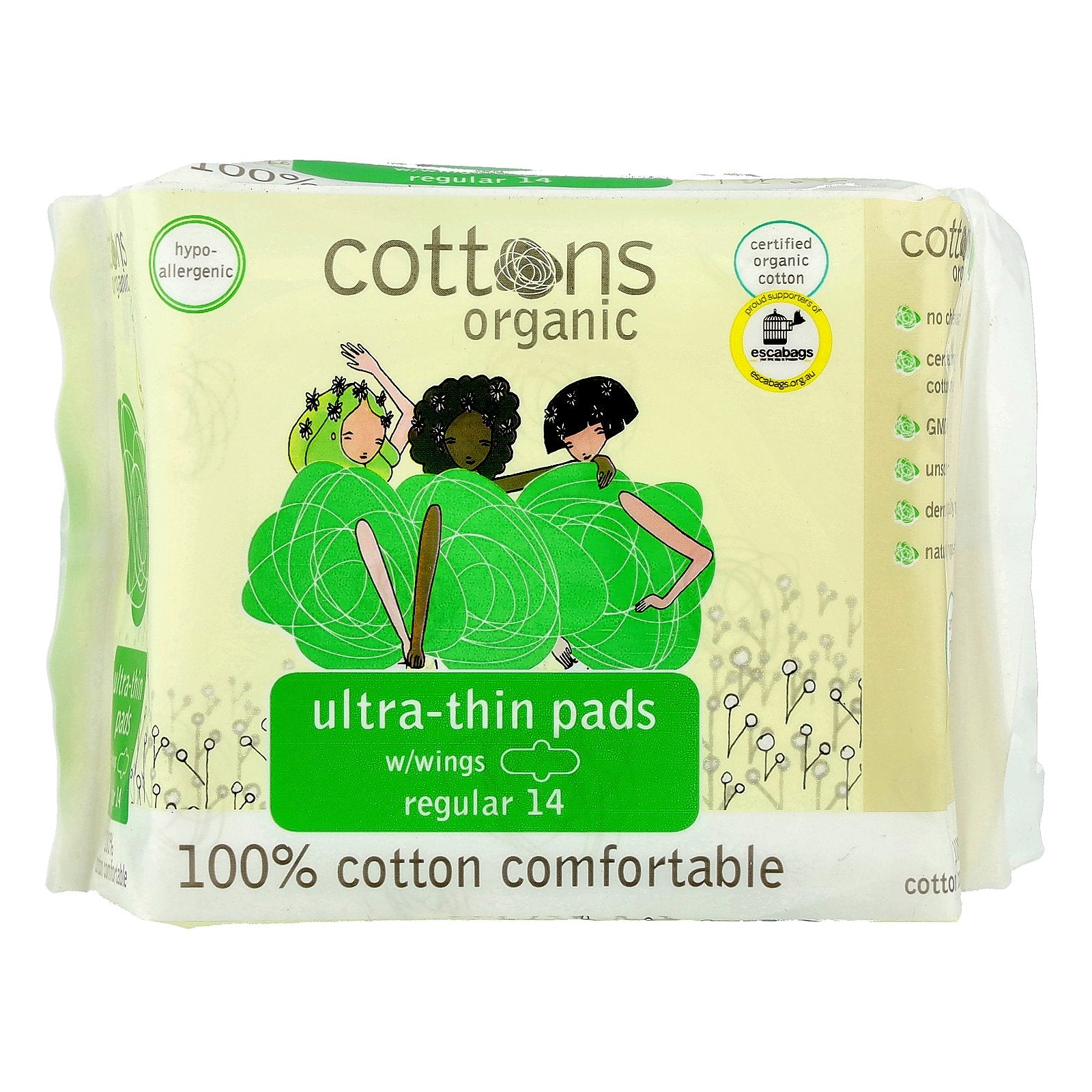 Cottons, 100% Cotton Comfortable, Ultra-Thin Pads with Wings, Regular, 14 Pads