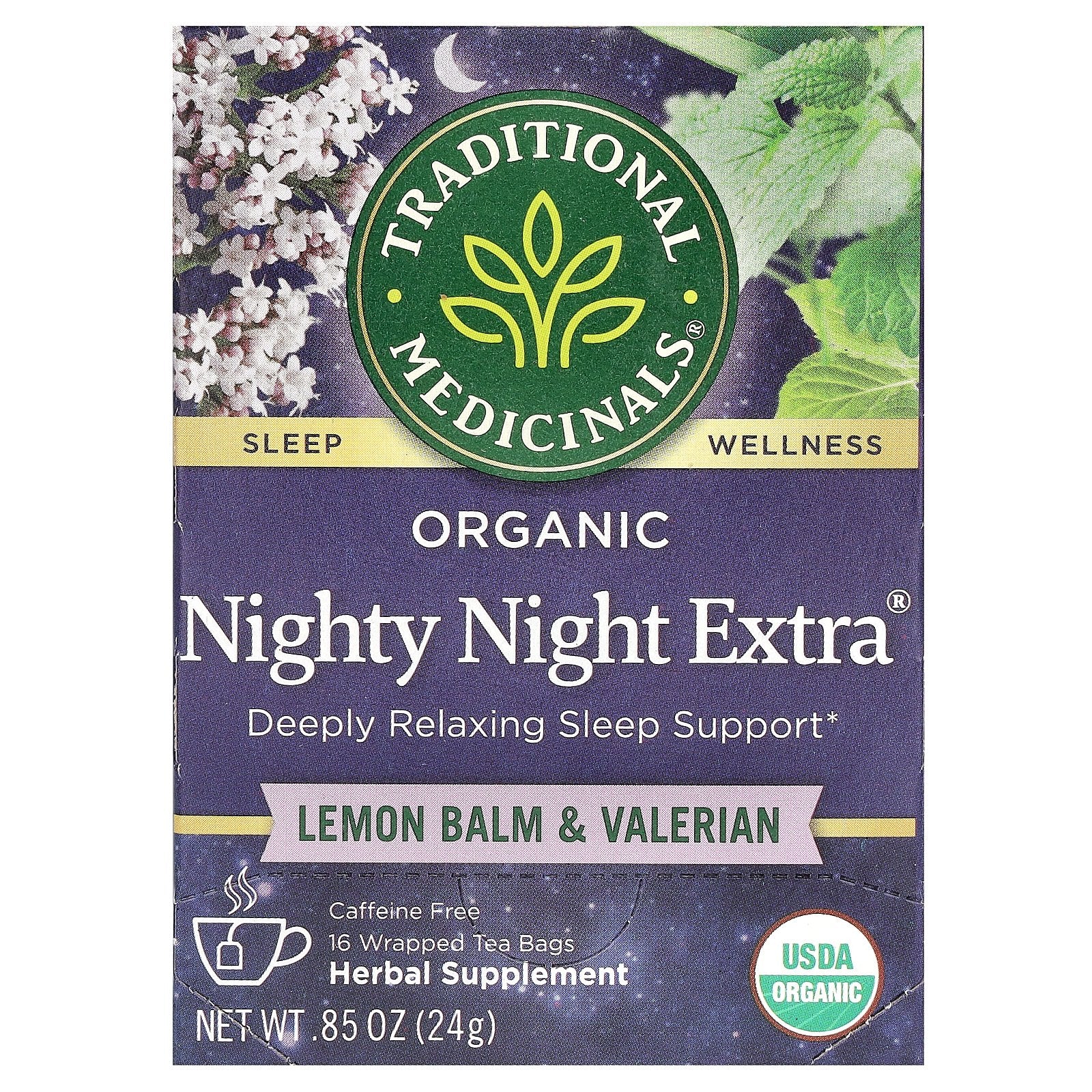 Traditional Medicinals, Organic Nighty Night Extra®, Lemon Balm & Valerian, Caffeine Free, 16 Wrapped Tea Bags, 0.85 oz (24 g)