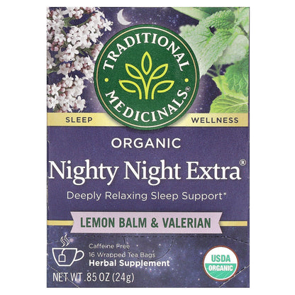 Traditional Medicinals, Organic Nighty Night Extra®, Lemon Balm & Valerian, Caffeine Free, 16 Wrapped Tea Bags, 0.85 oz (24 g)