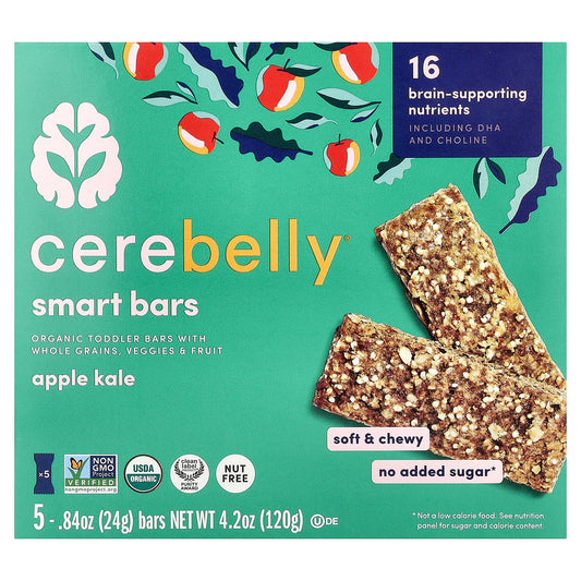 Cerebelly, Smart Bars, Organic Toddler Bars, Apple Kale, 5 Bars, 0.84 oz (24 g) Each