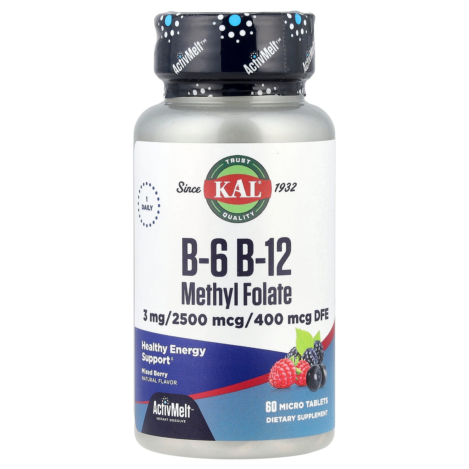 KAL, B-6 B-12 Methyl Folate, Mixed Berry, 60 Micro Tablets