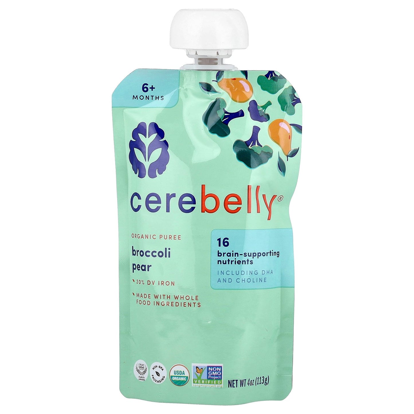 Cerebelly, Organic Puree, 6+ Months, Broccoli Pear, 6 Pouches, 4 oz (113 g) Each